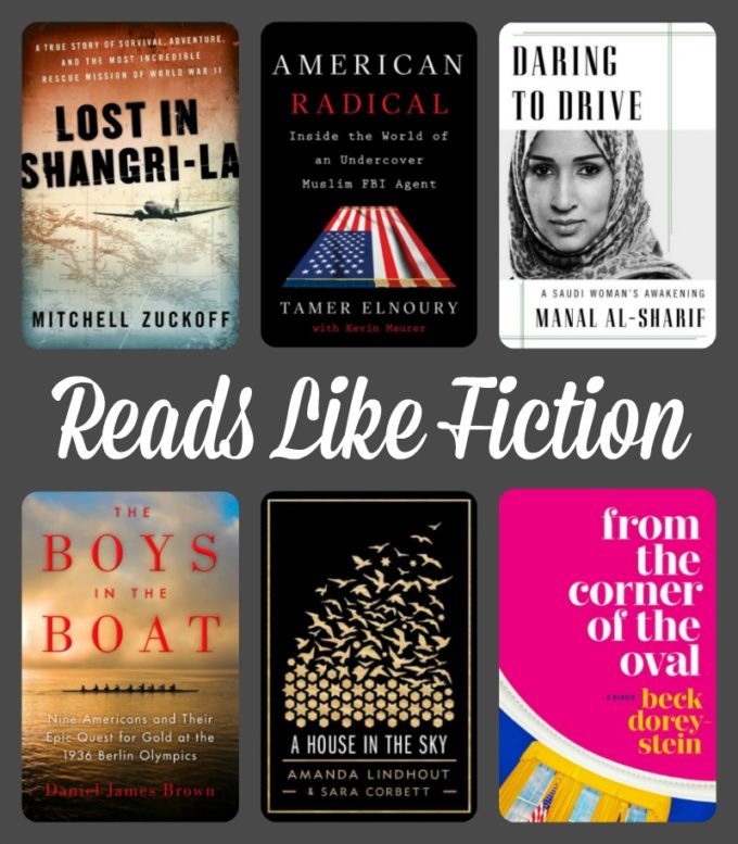 Nonfiction November on Novel Visits: Reads Like Fiction - Lost in Shangri-La by Mitchell Zuckoff, The Boys in the Boat by Daniel James Brown, A House in the Sky by Amanda Lindhout, Daring to Drive by Manal al-Sharif, American Radical by Tamer Elnoury and From the Corner of the Oval by Beck Dorey-Stein.