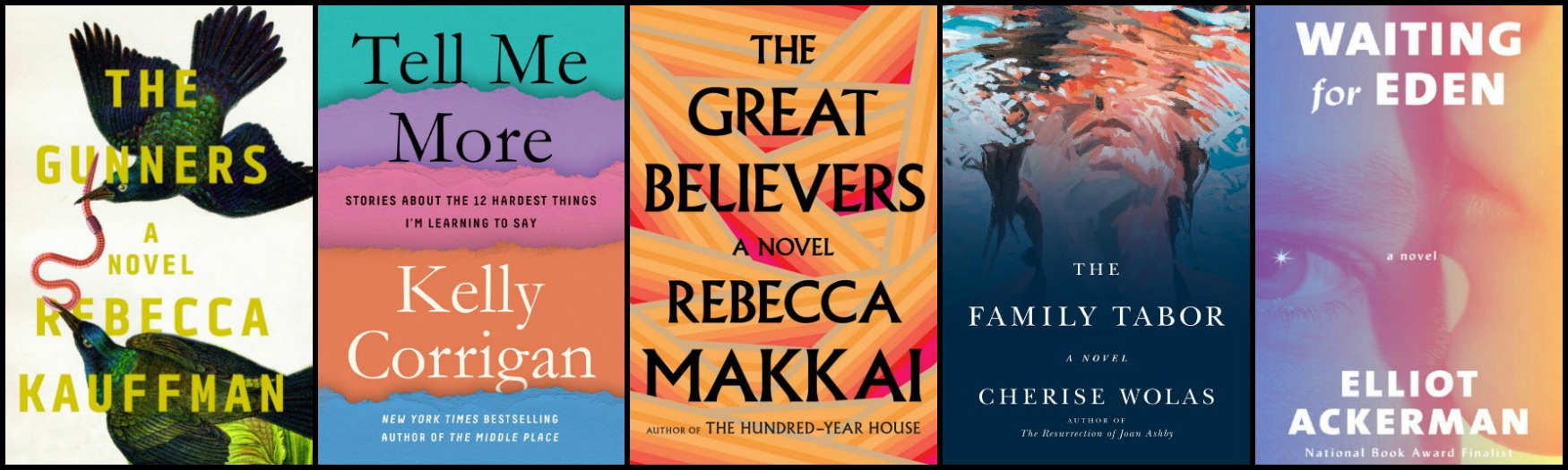 Novel Visits' New-to-Me Authors for 2018: Authors I'm Eager to Read More From- Rebecca Kaufman's The Gunners, Kelly Corrigan's Tell Me More, Rebecca Makkai's The Great Believers, Cherise Wolas's The Family Tabor and Elliot Ackerman's Waiting for Eden 