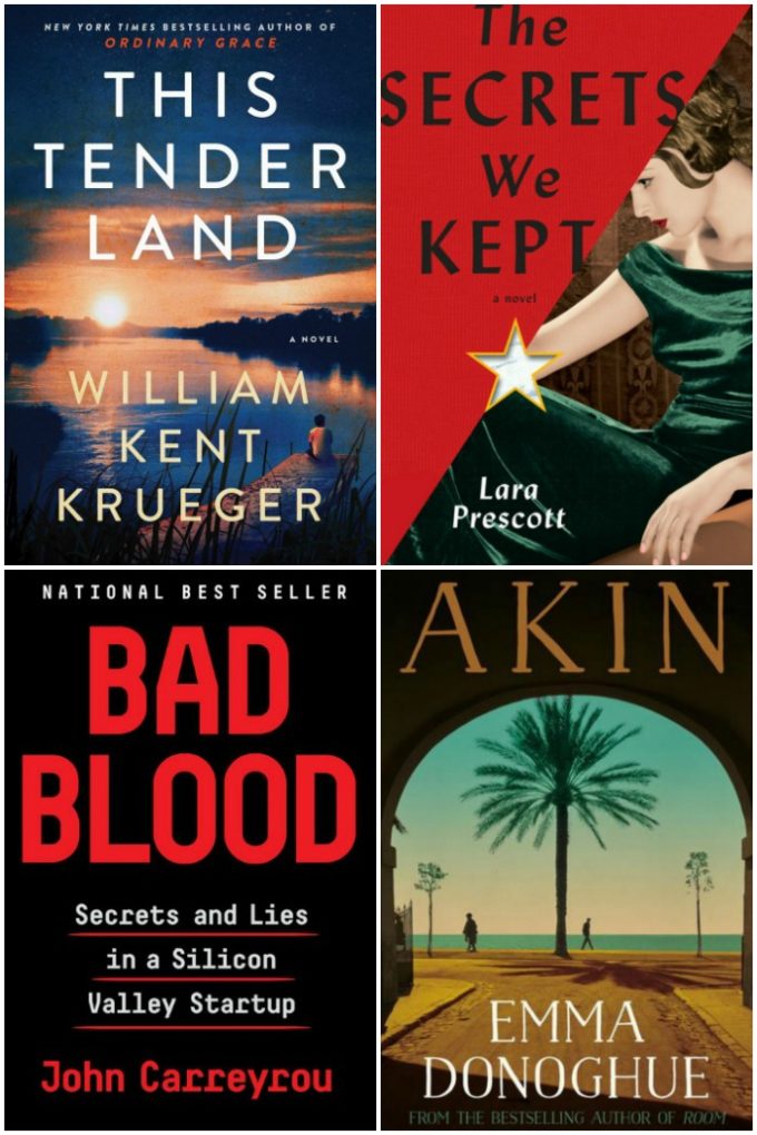 This Tender Land by William Kent Krueger, The Secrets We Kept by Lara Prescott, Bad Blood by John Carreyrou and Akin by Emma Donoghue