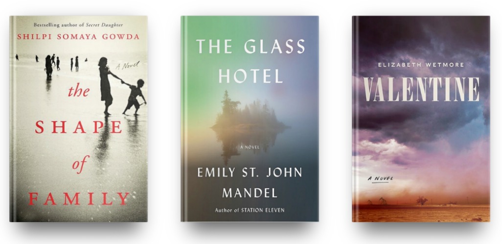 The Shape of a Family by Shilpi Somaya Gowda, The Glass Hotel by Emily St. John Mandel and Valentine by Elizabeth Wetmore